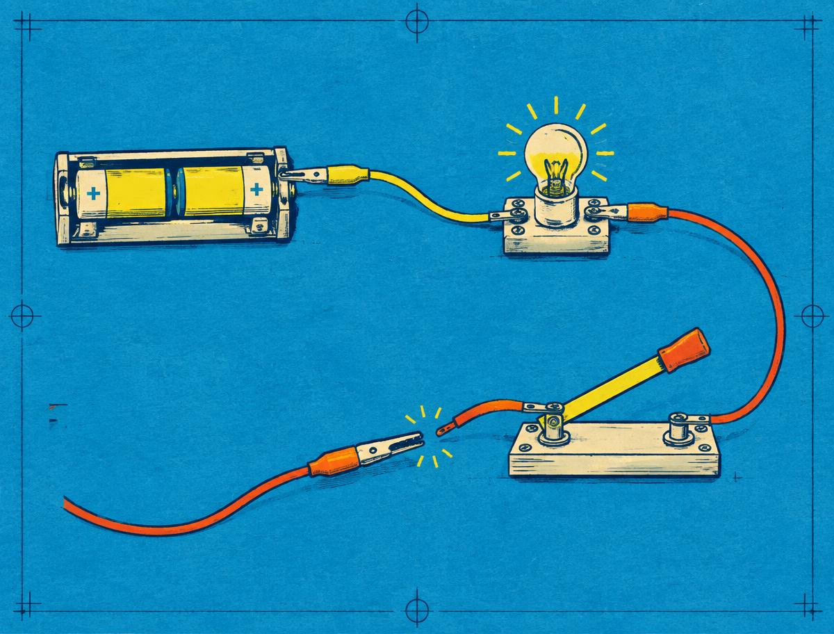 Blueprint illustration of a battery, bulb and open switch circuit