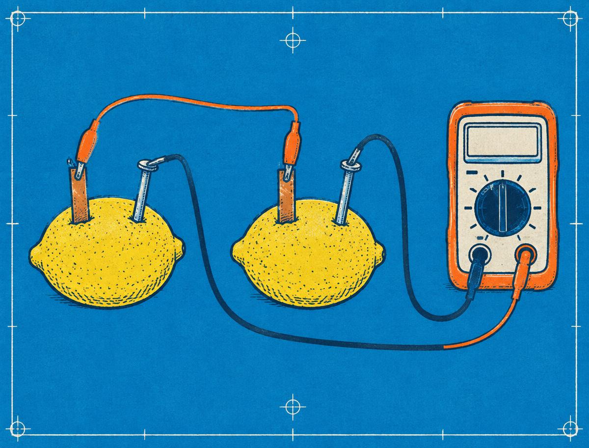 Blueprint illustration of two lemon cells connected to a multimeter