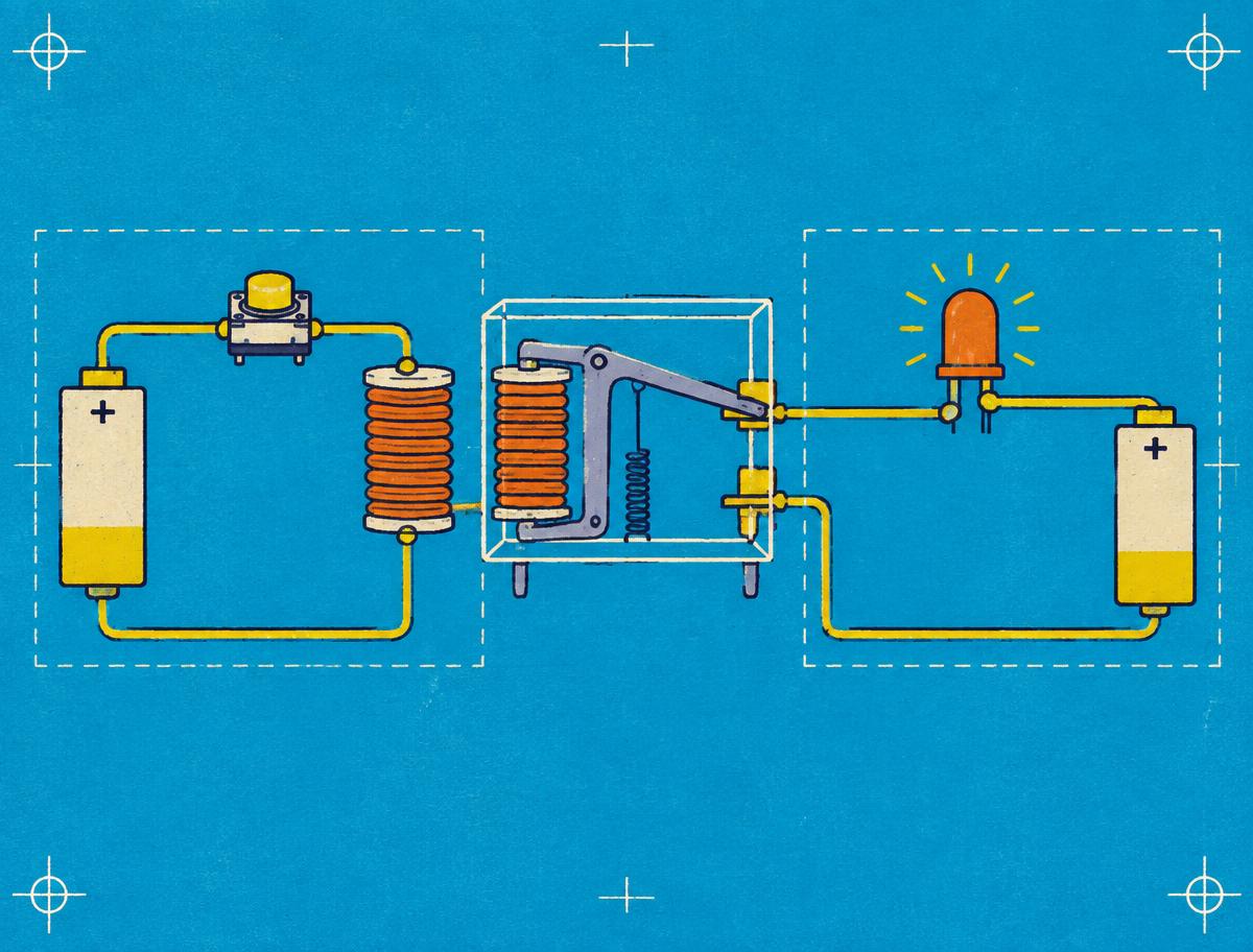 Blueprint illustration of two low-voltage circuits connected through a clear relay